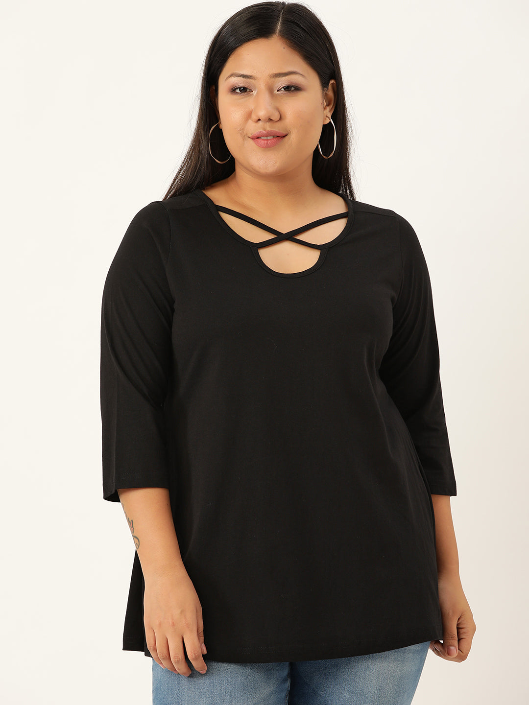 Plus Size Cut-Out Neck Detail Cotton Top