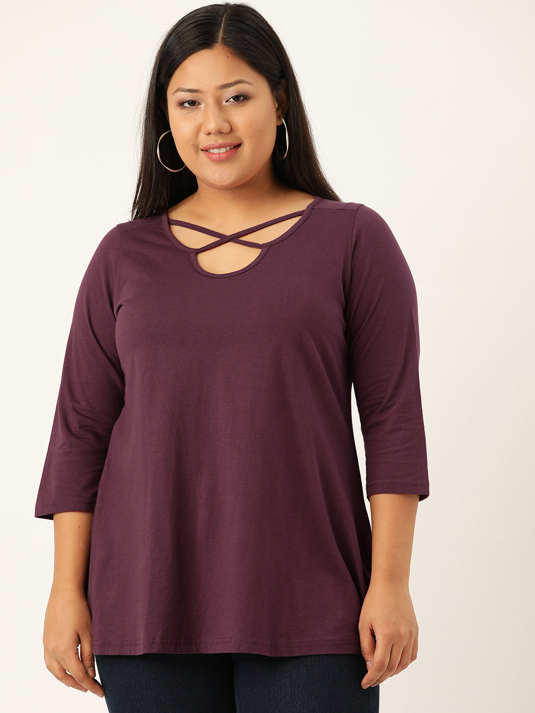 Plus Size Cut-Out Neck Detail Cotton Top