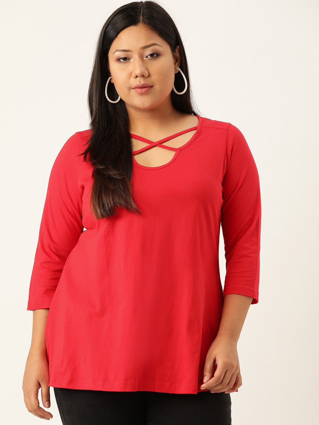 Plus Size Cut-Out Neck Detail Cotton Top