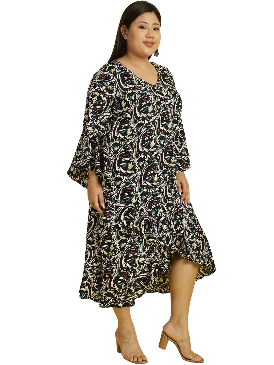 Women Bell Sleeve Ruffled A-Line Midi Dress