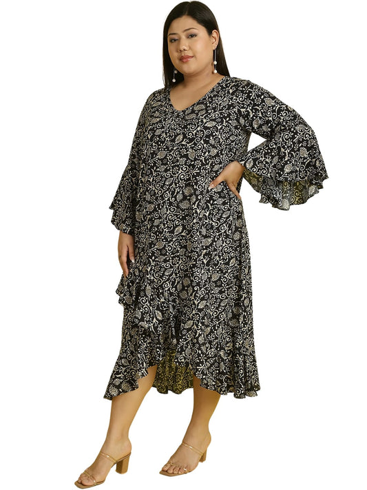 Women Bell Sleeve Ruffled A-Line Midi Dress