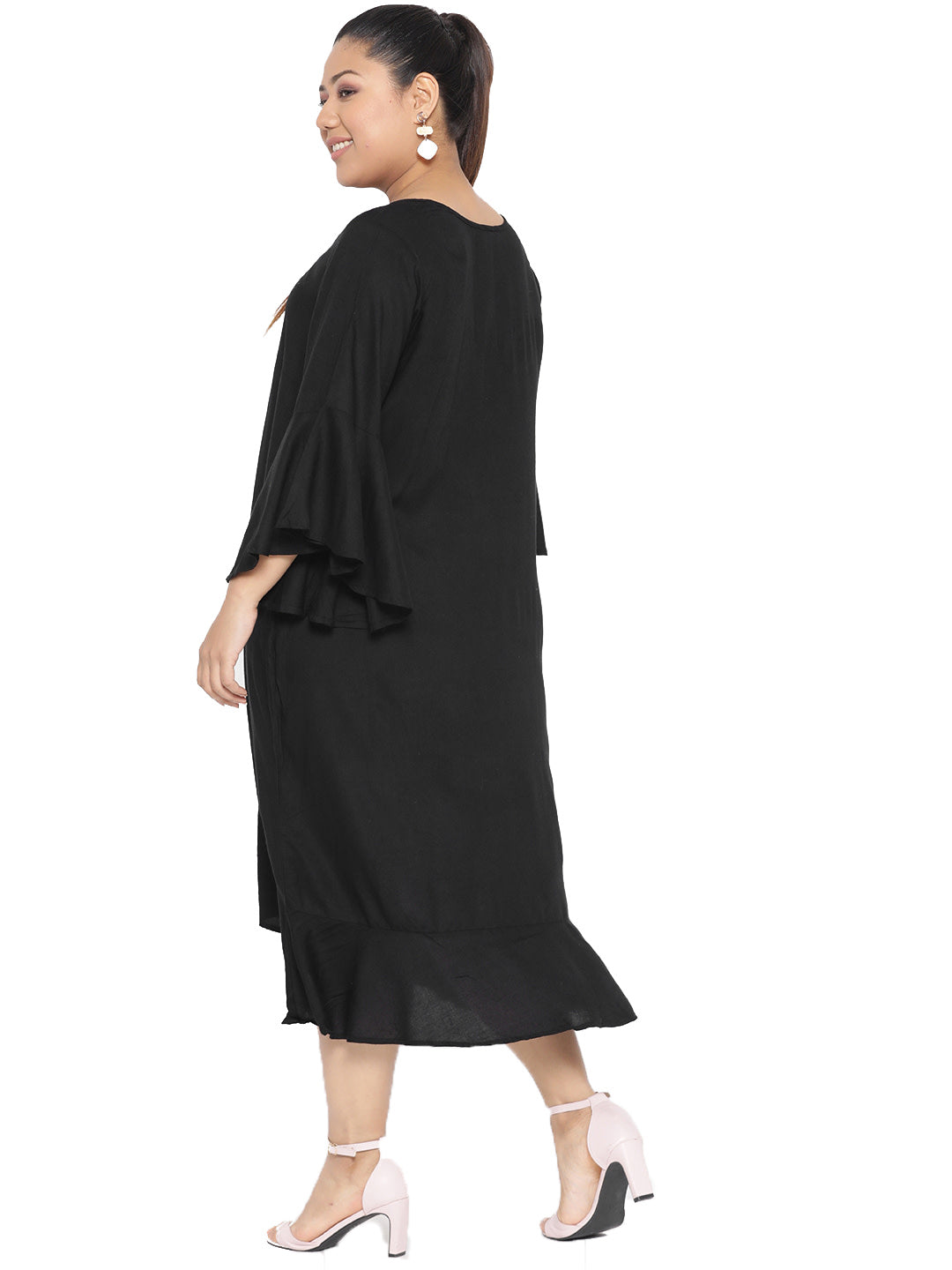 Women Bell Sleeve Ruffled A-Line Midi Dress