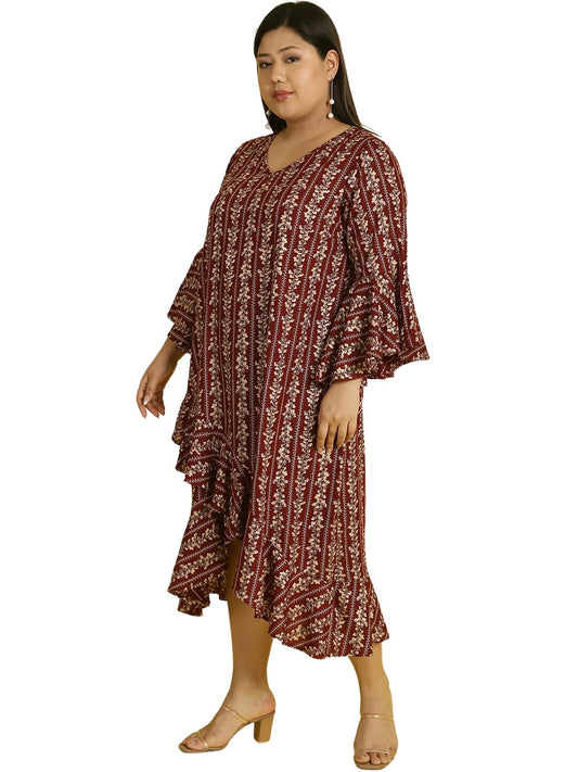 Women Bell Sleeve Ruffled A-Line Midi Dress