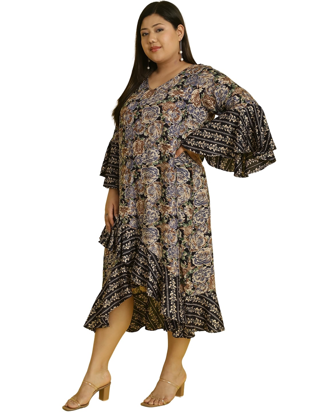 Women Bell Sleeve Ruffled A-Line Midi Dress