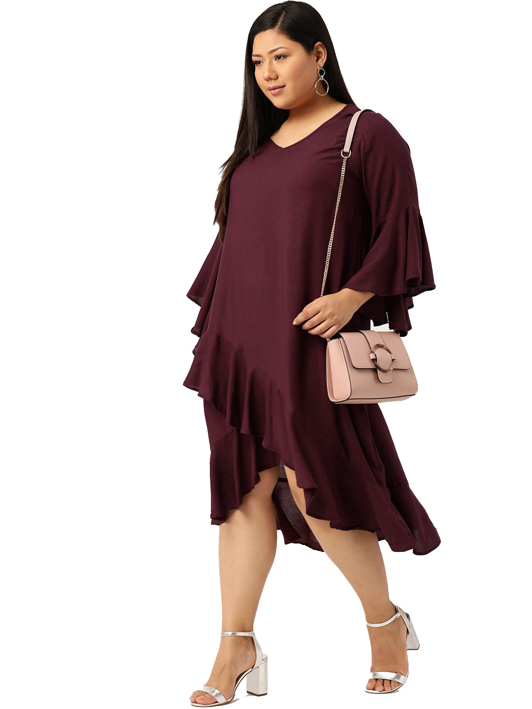 Women Bell Sleeve Ruffled A-Line Midi Dress
