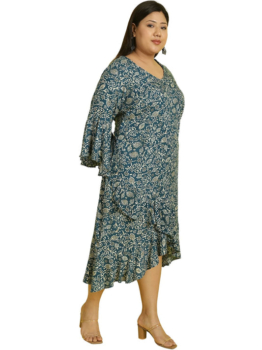 Women Bell Sleeve Ruffled A-Line Midi Dress
