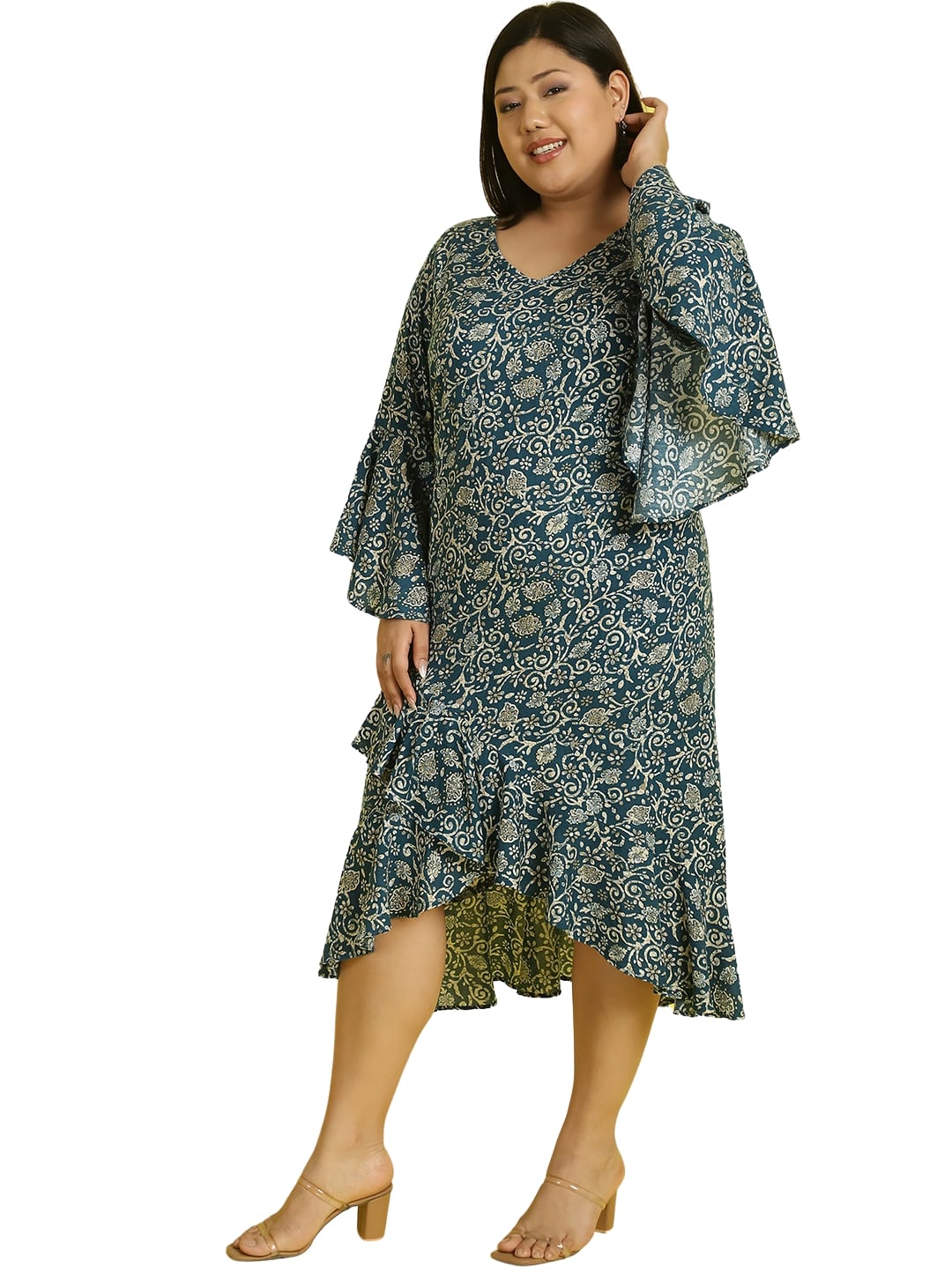 Women Bell Sleeve Ruffled A-Line Midi Dress