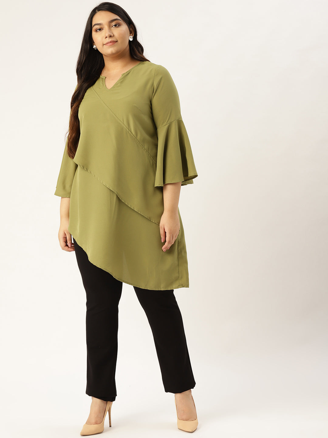 Plus Size Women's Olive Green Solid Color Longline Layered Top