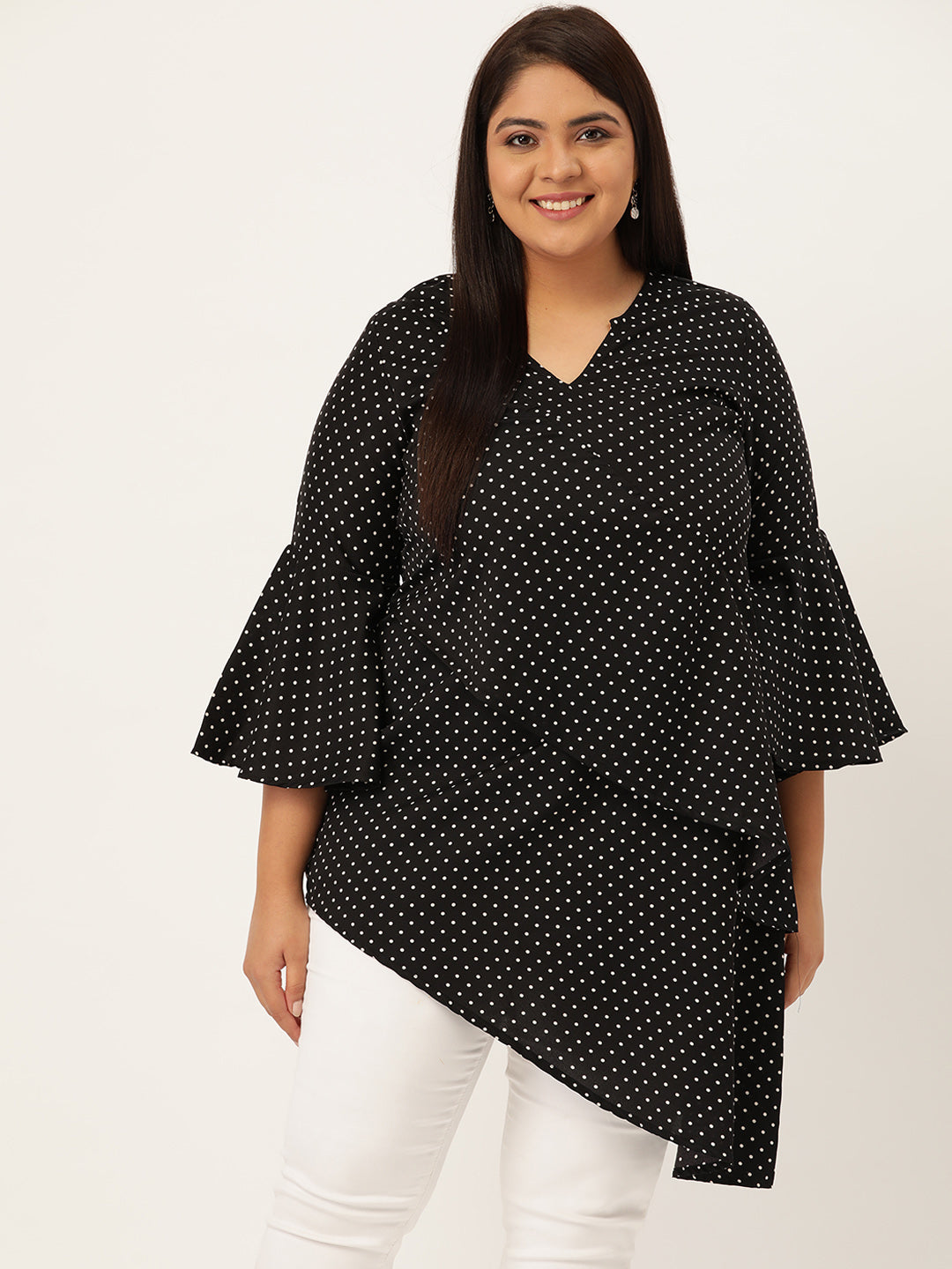 Plus Size Women's Black & White Polka Dot Printed Longline Layered Top