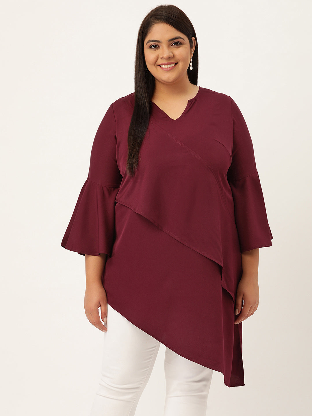 Plus Size Women's Burgundy Solid Color Longline Layered Top