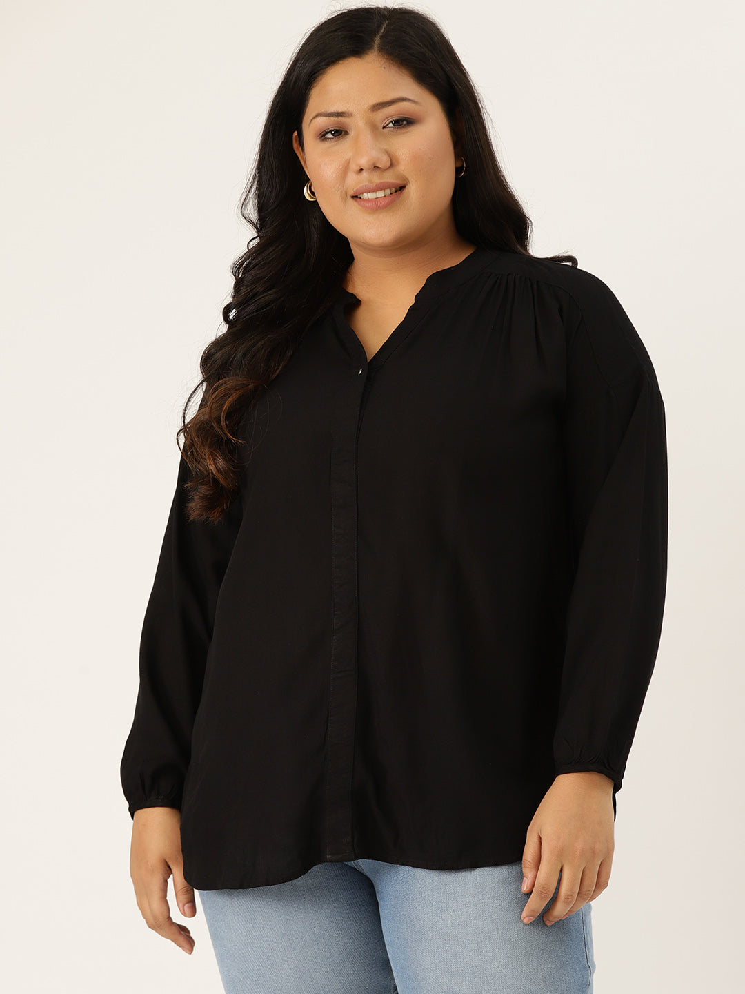 Plus Size Solid Color Gather Top