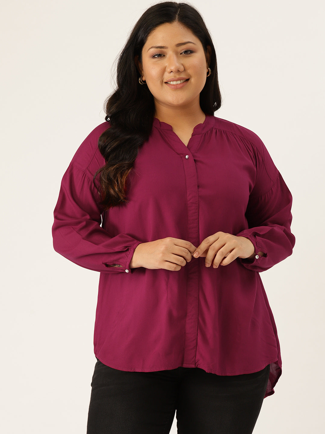 Plus Size Solid Color Gather Top