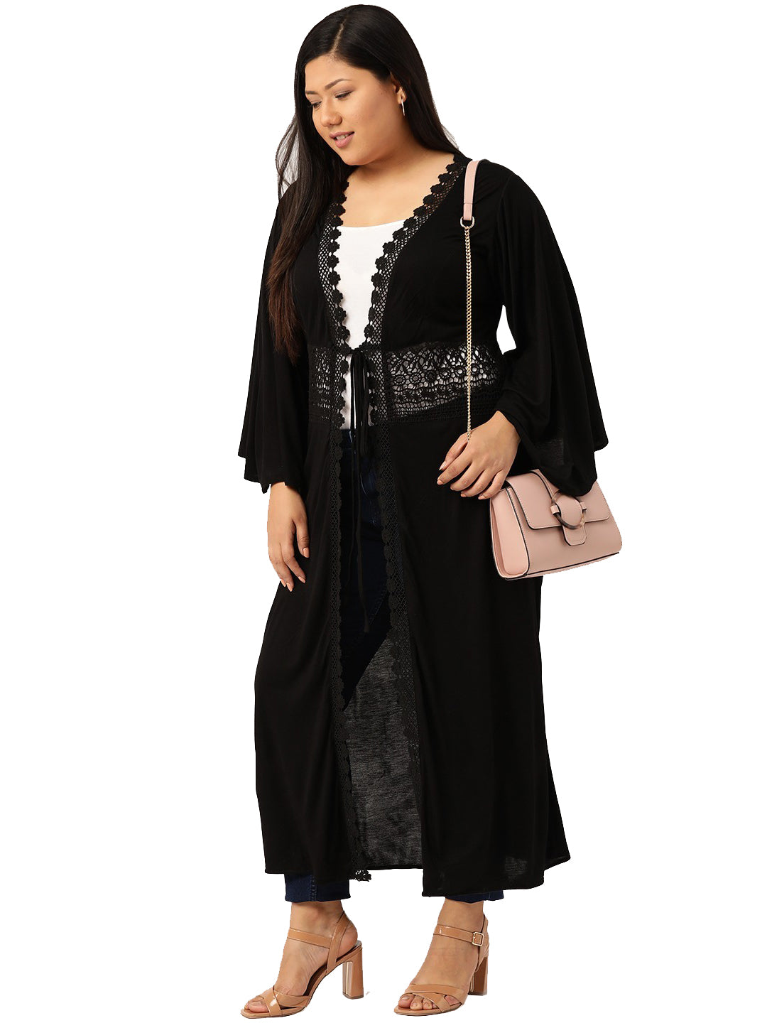 Plus Size Womens Solid Color Longline Tie-Up Shrug