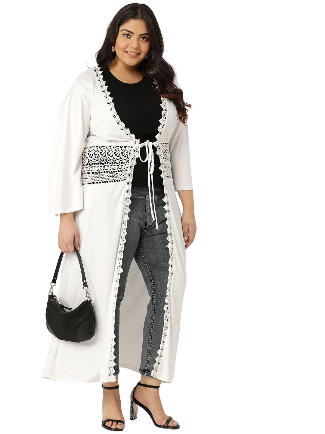 Plus Size Womens Solid Color Longline Tie-Up Shrug
