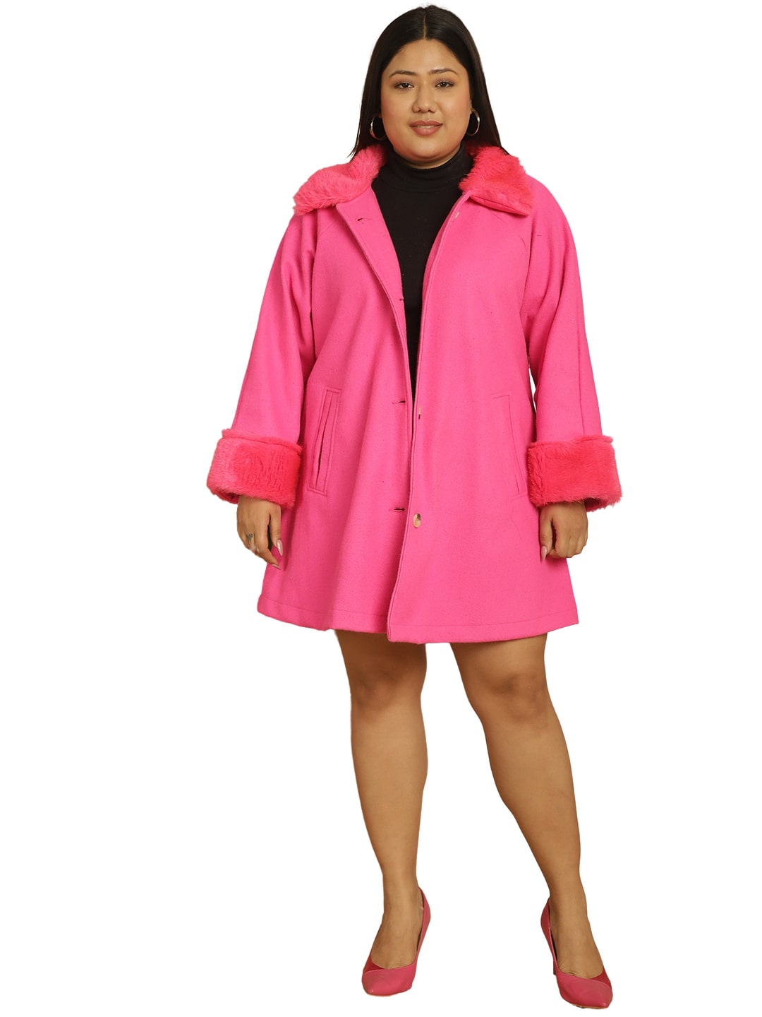 Women Plus Size Spread Collar with Faux Fur Overcoat Coat