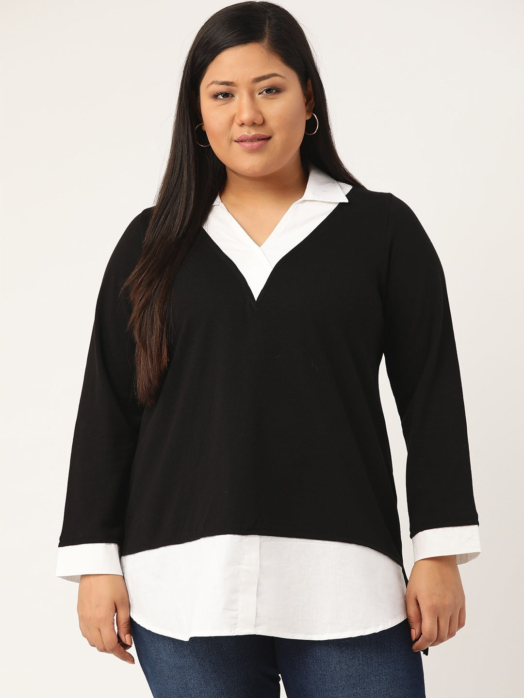 Plus Size Shirt Style Cotton Knitted Top