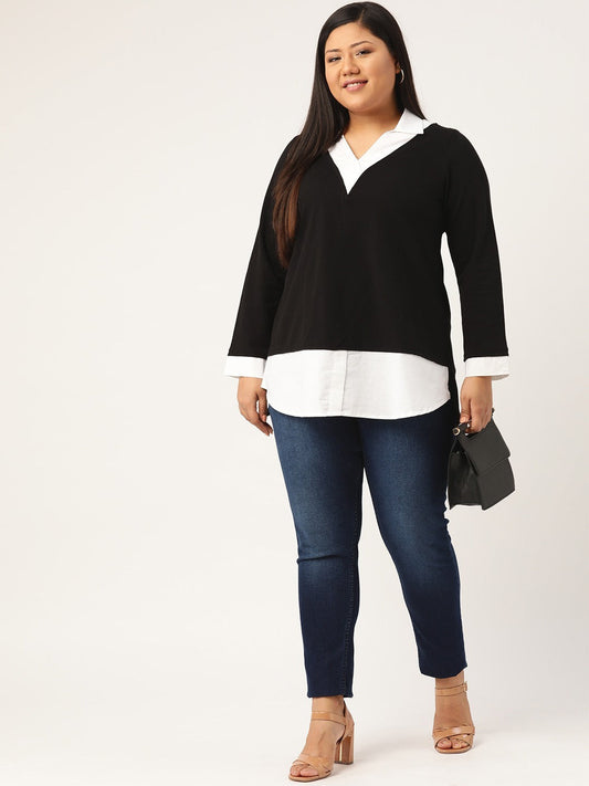 Plus Size Shirt Style Cotton Knitted Top