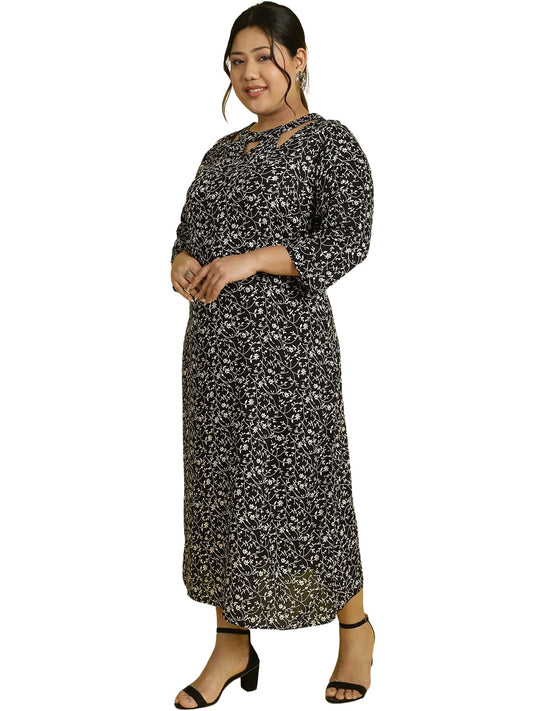 Women Floral Print A-Line Midi Dress Plus Size