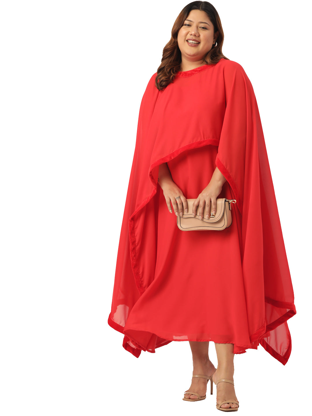 Women Georgette A-Line Midi Dress With Poncho Shrug