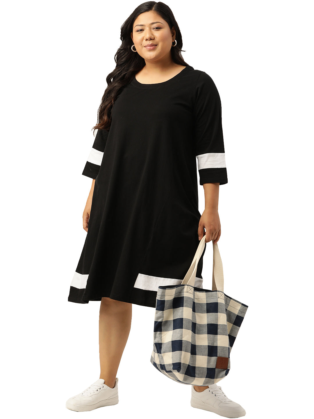 Women's Plus Size Black Solid Color Cotton Knitted A-Line Dress