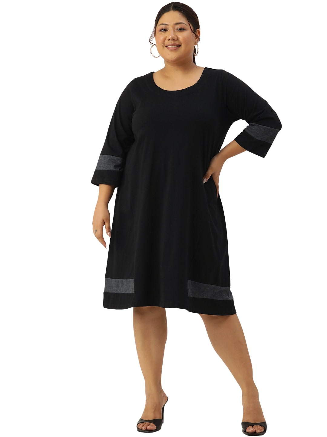 Women's Plus Size Black Solid Color Cotton Knitted A-Line Dress