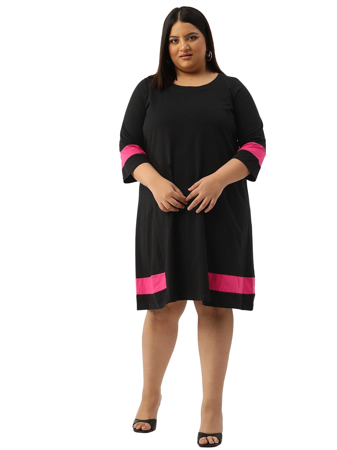 Women's Plus Size Black Solid Color Cotton Knitted A-Line Dress