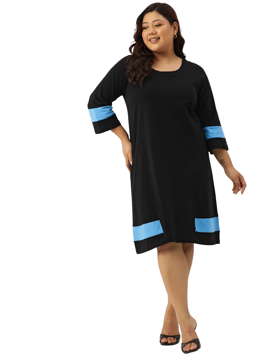 Women's Plus Size Black Solid Color Cotton Knitted A-Line Dress