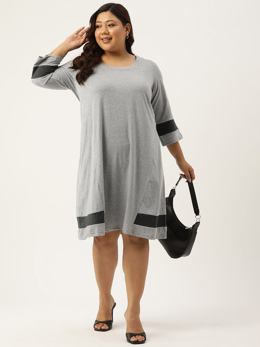 Women's Plus Size Black Solid Color Cotton Knitted A-Line Dress