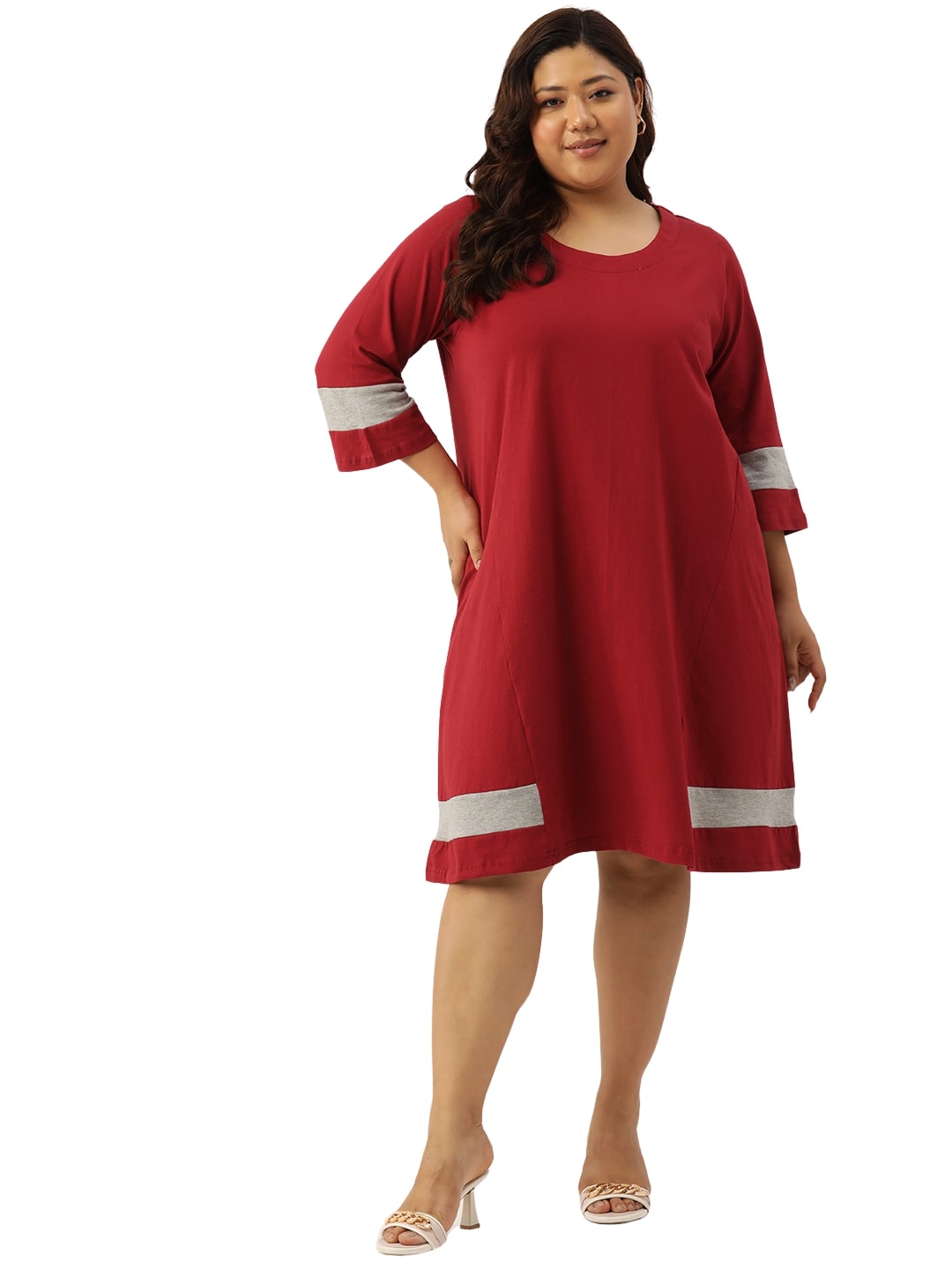 Women's Plus Size Maroon Solid Color Cotton Knitted A-Line Dress