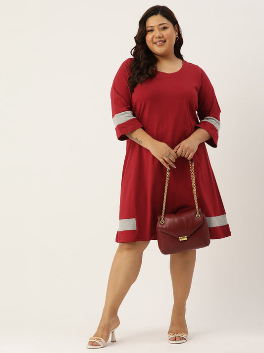 Women's Plus Size Maroon Solid Color Cotton Knitted A-Line Dress