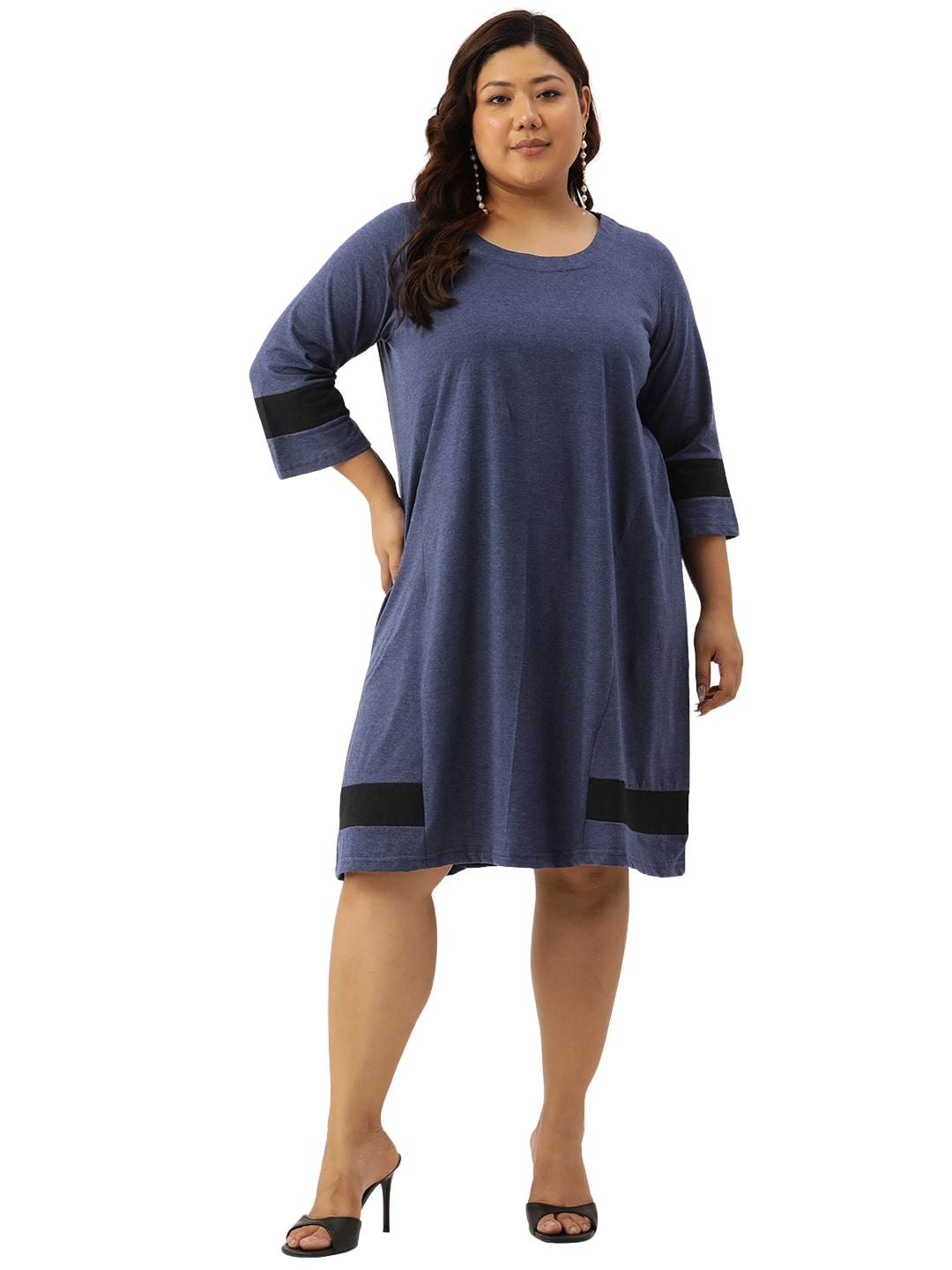 Women's Plus Size Melange Blue Solid Color Cotton Knitted A-Line Dress