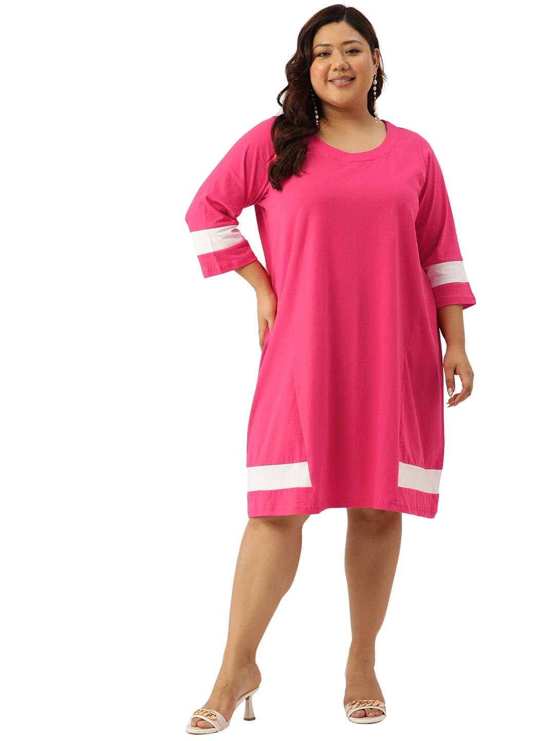 Women's Plus Size Peach Solid Color Cotton Knitted A-Line Dress