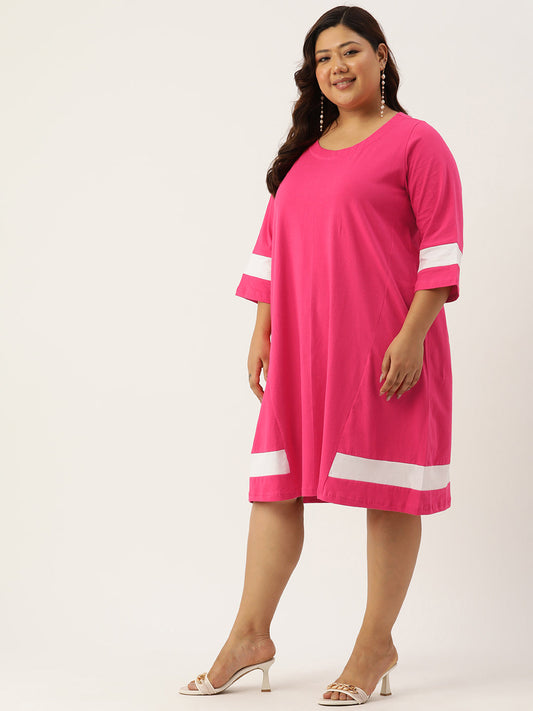 Women's Plus Size Peach Solid Color Cotton Knitted A-Line Dress