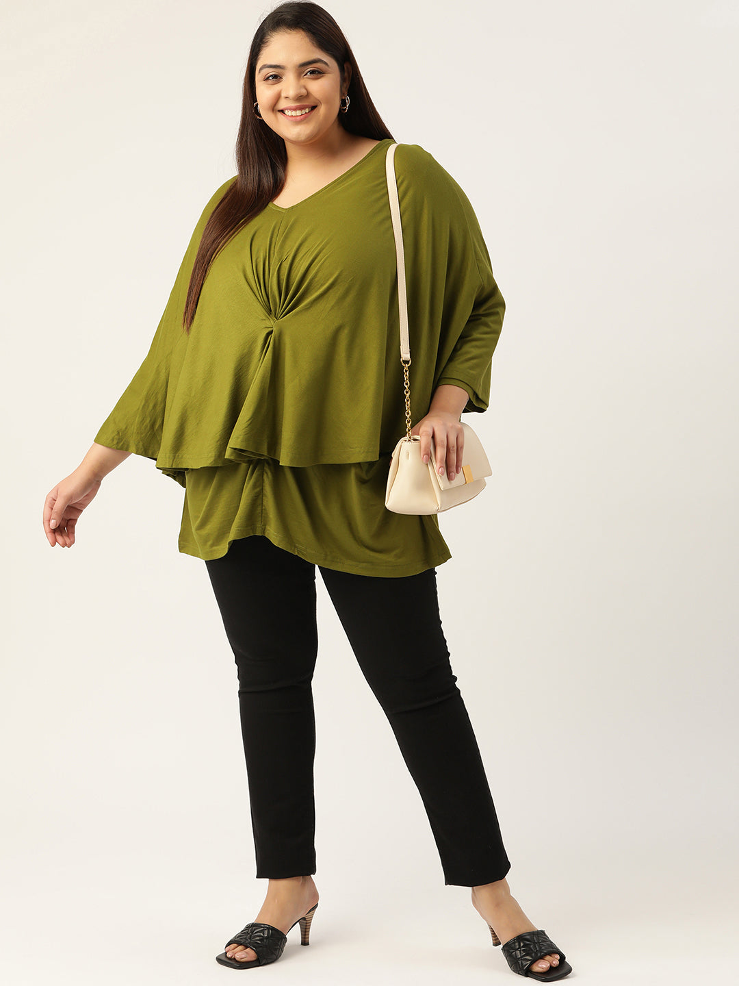 Plus Size Women's Olive Green Solid Color Knitted Layered Top