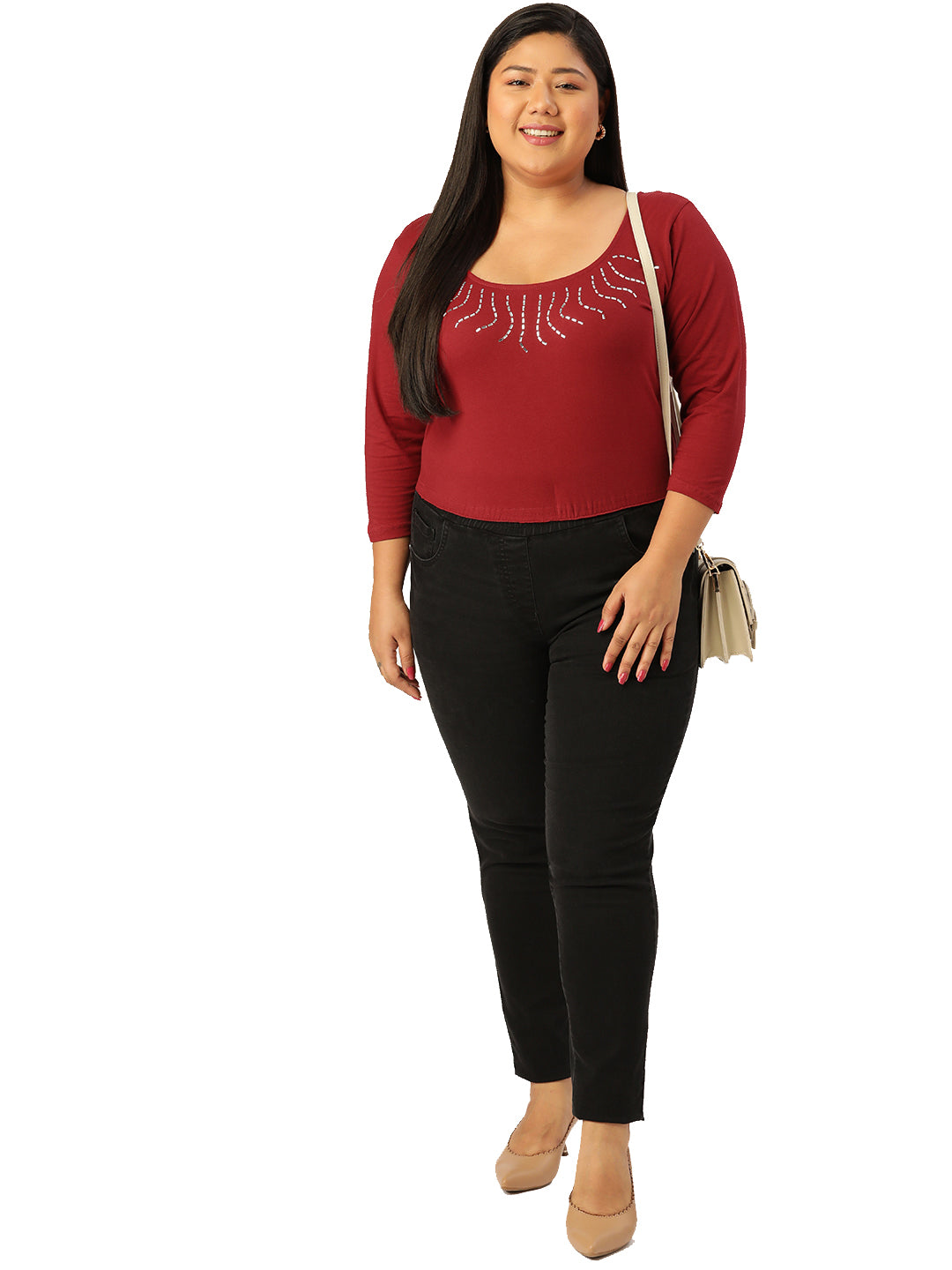 Plus Size Women's Maroon Solid Color Embellished Cropped Top
