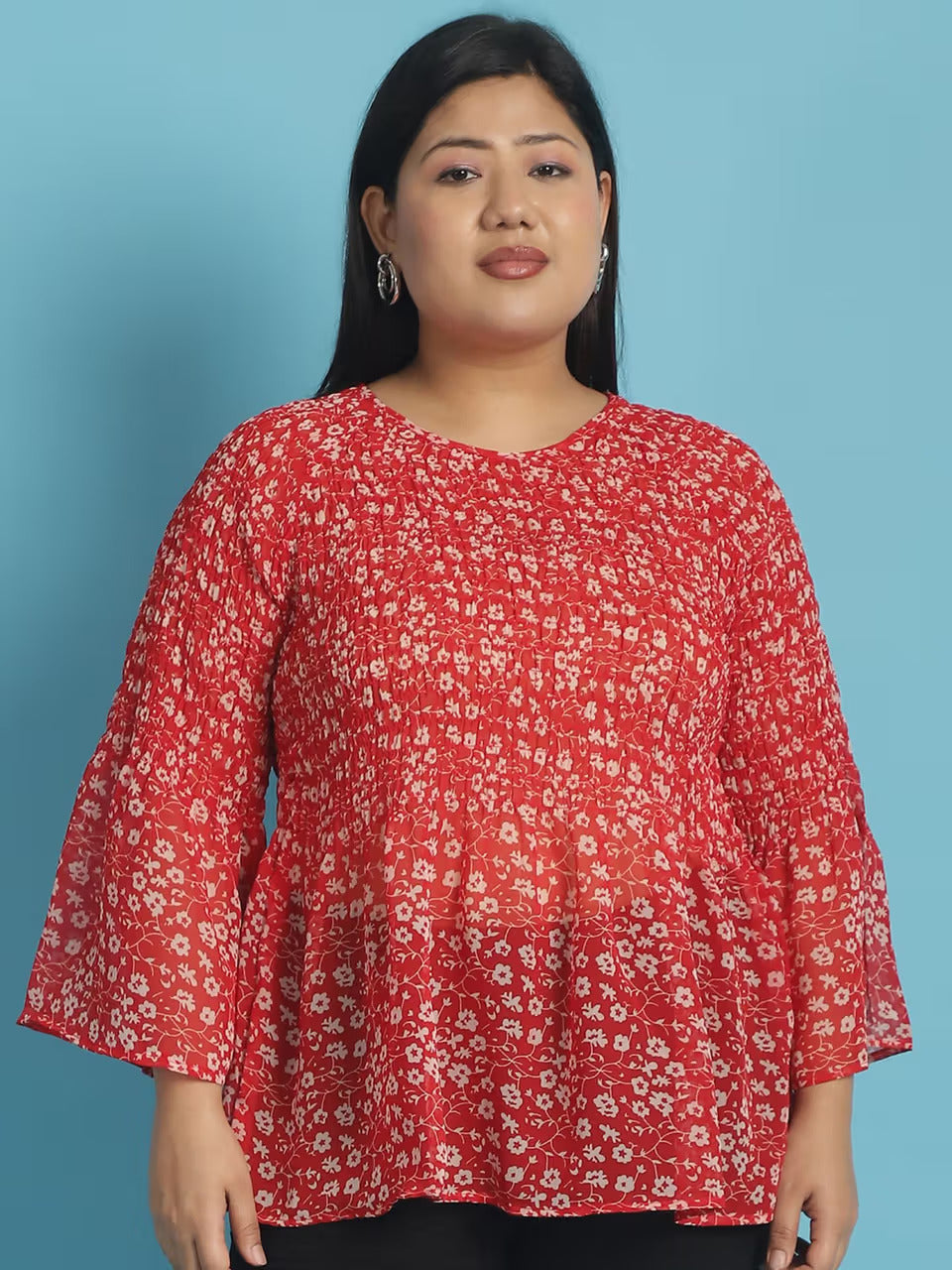 Plus Size Women's Smocked Georgette High-Low Peplum Top