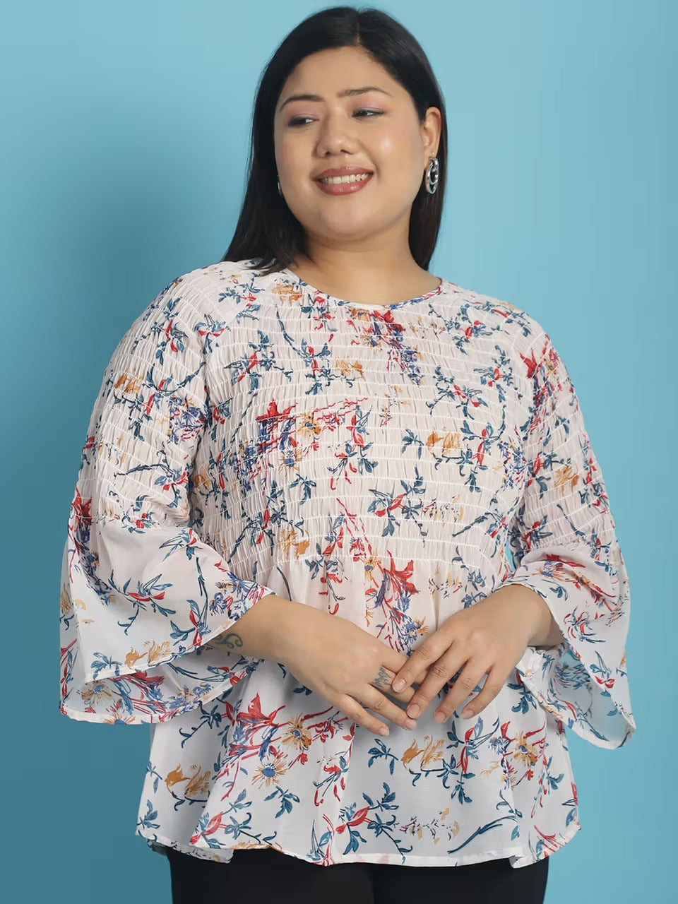 Plus Size Women's Smocked Georgette High-Low Peplum Top