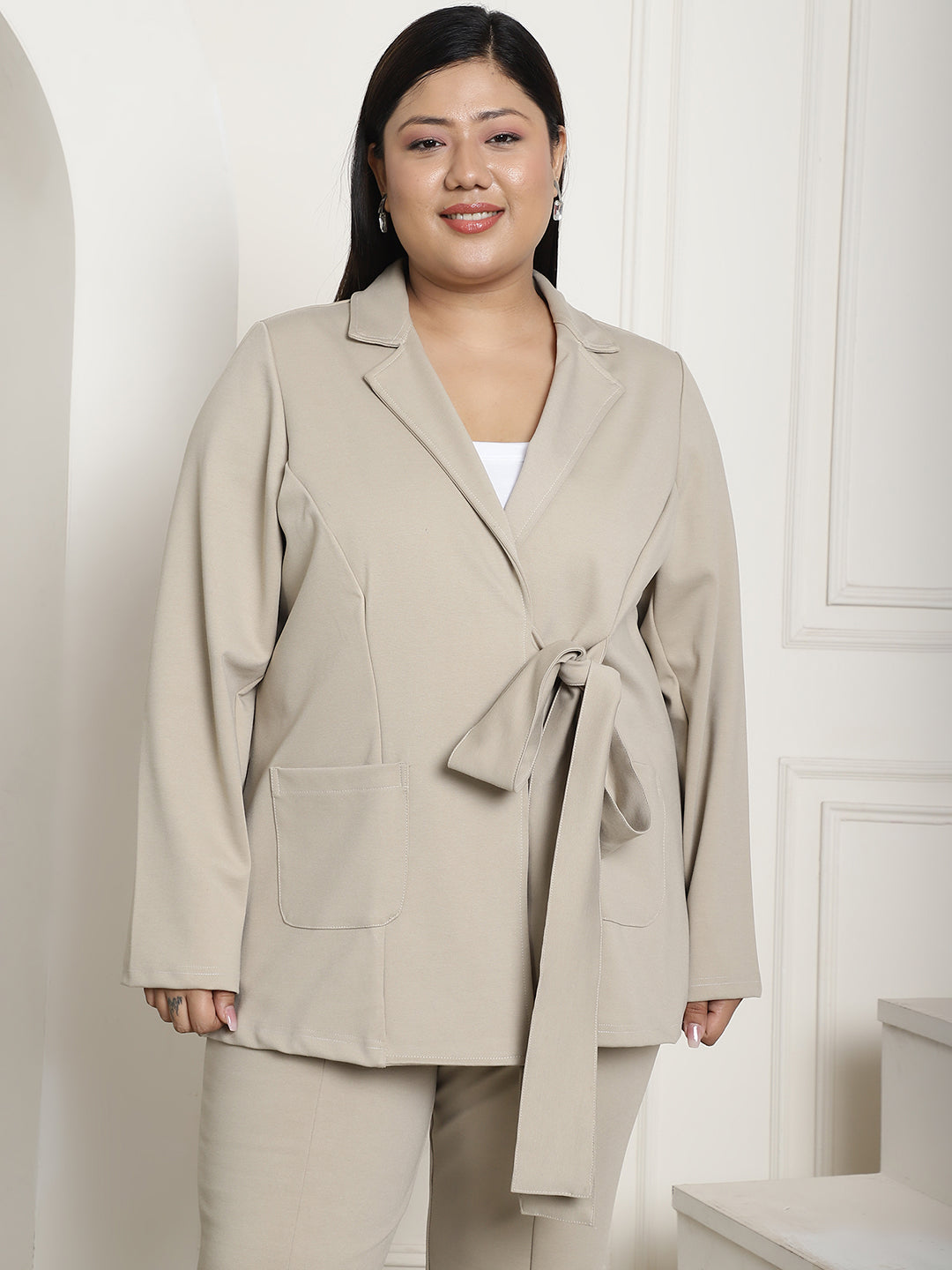 Plus Size Women's Solid Color Cotton Knitted Unlined Blazer