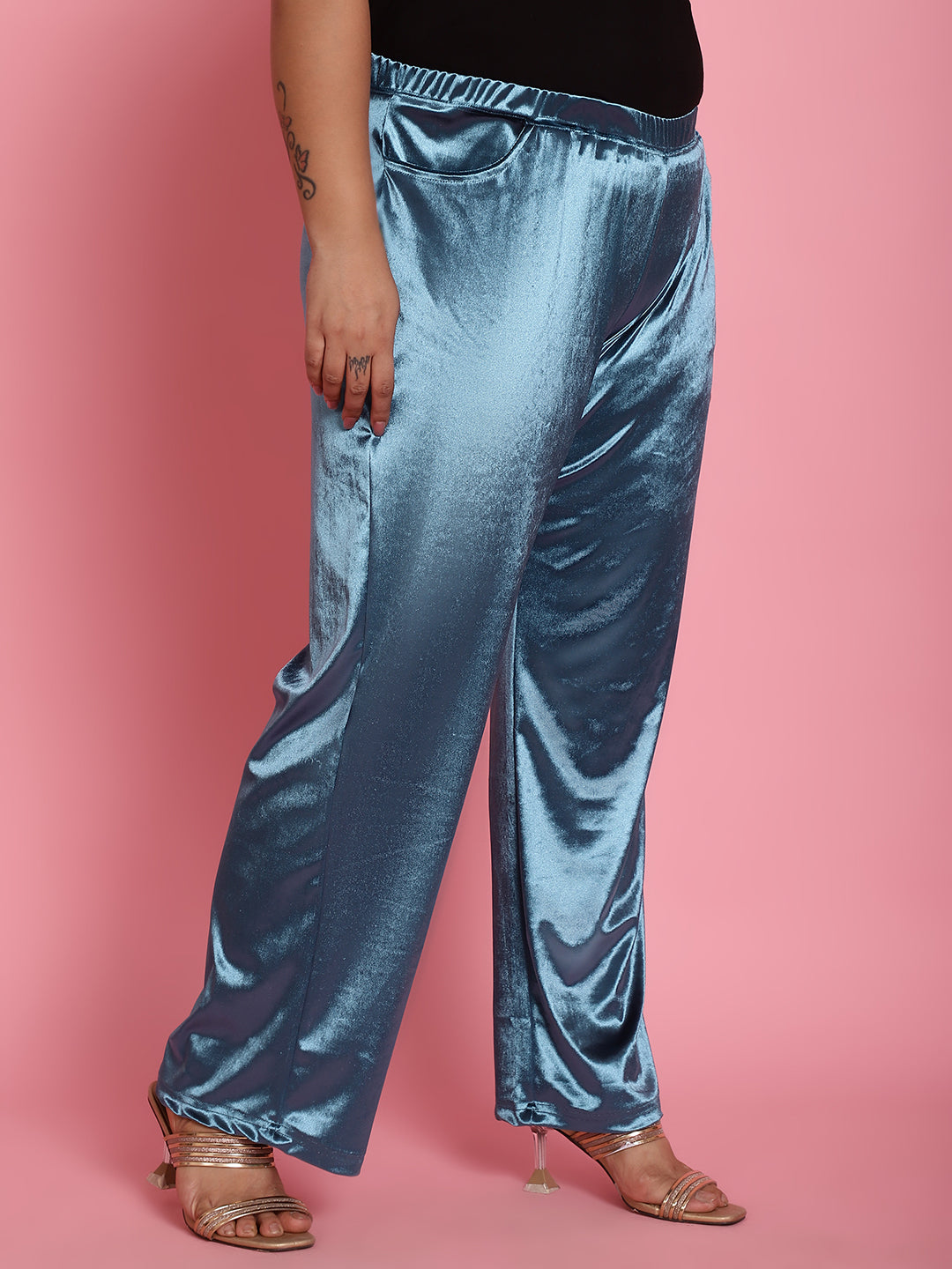 Satin Finish Relaxed Fit High-Rise Trousers