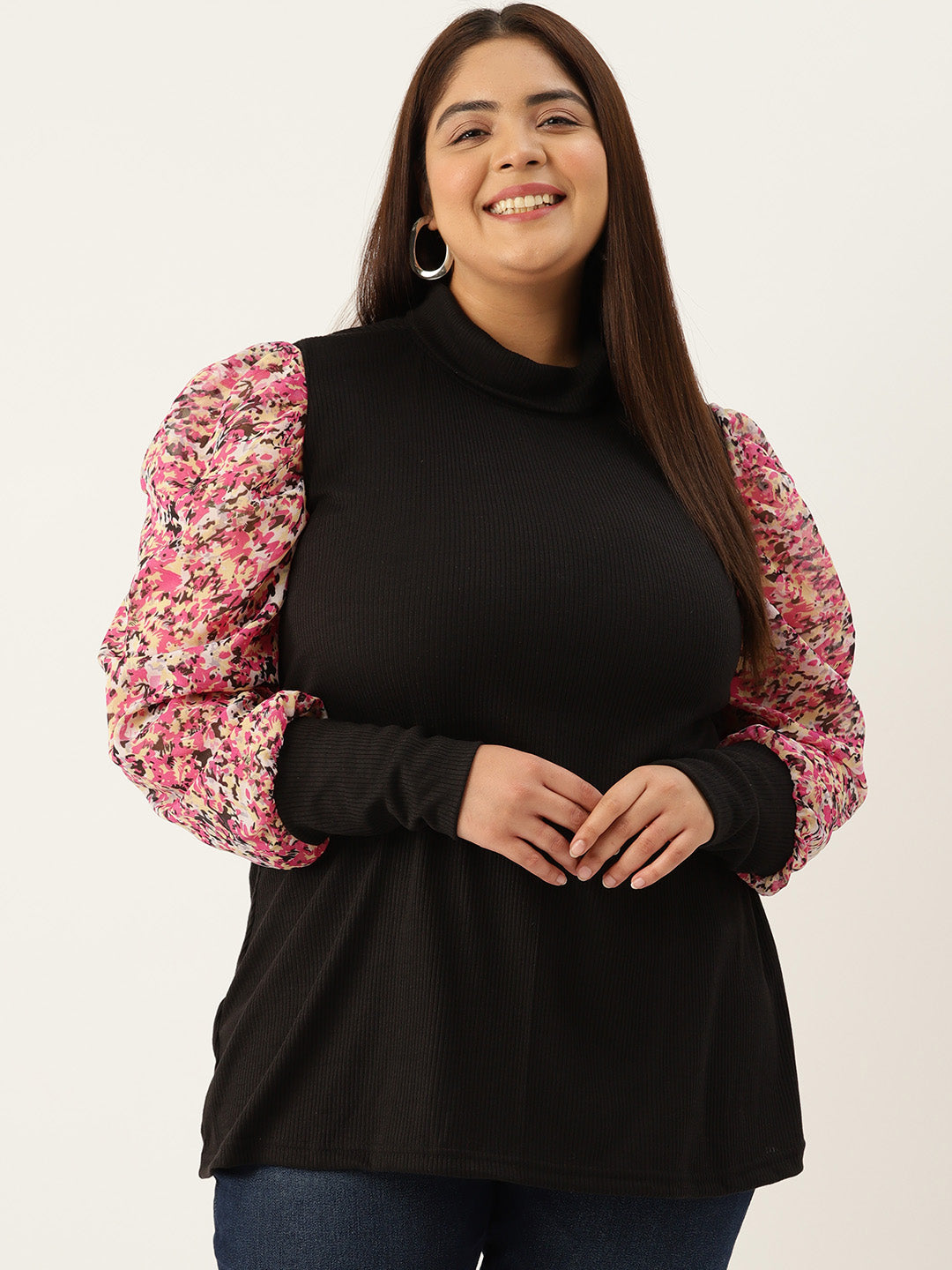Plus size knitted Top with attached georgette sleeves