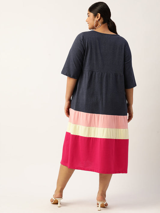 Plus Size Color Block A-Line Dress