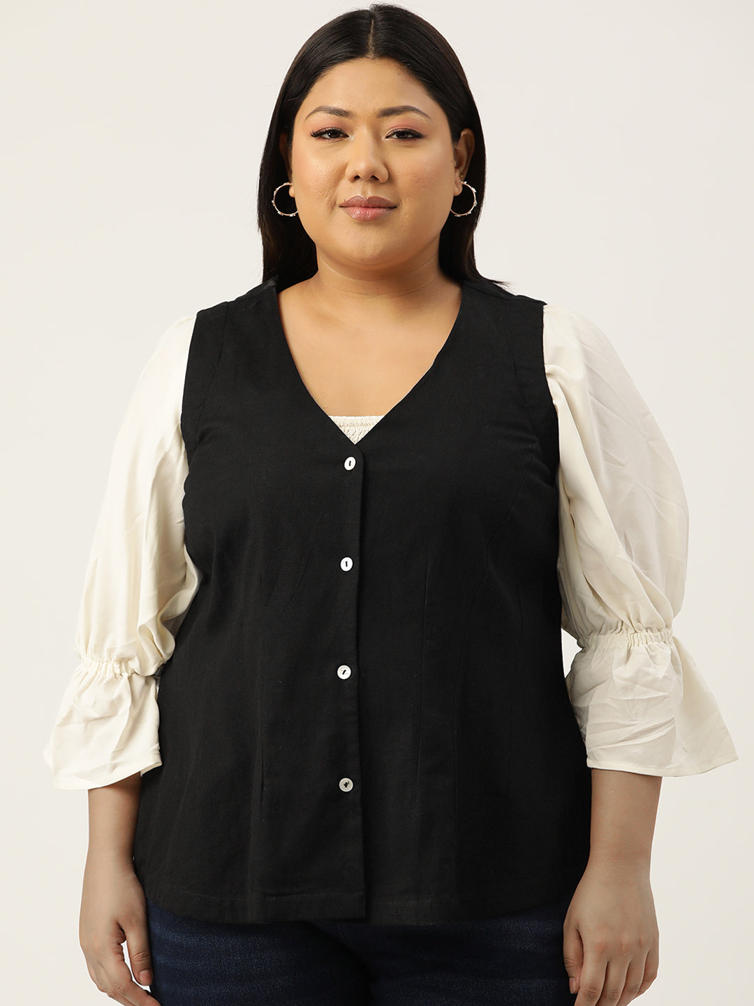 Plus Size V-Neck Slim-Fit Pure Linen Waistcoat