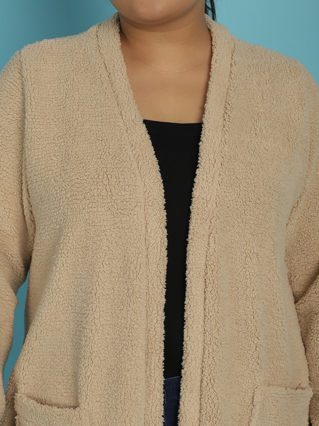 Plus Size Women's Solid Color Teddy Longline Jacket