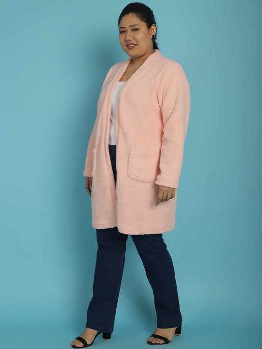 Plus Size Women's Solid Color Teddy Longline Jacket