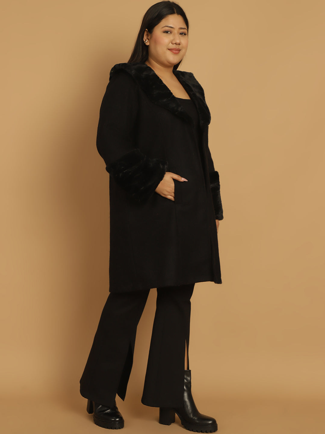 Women Plus Size Spread Collar Longline Open Front Overcoat