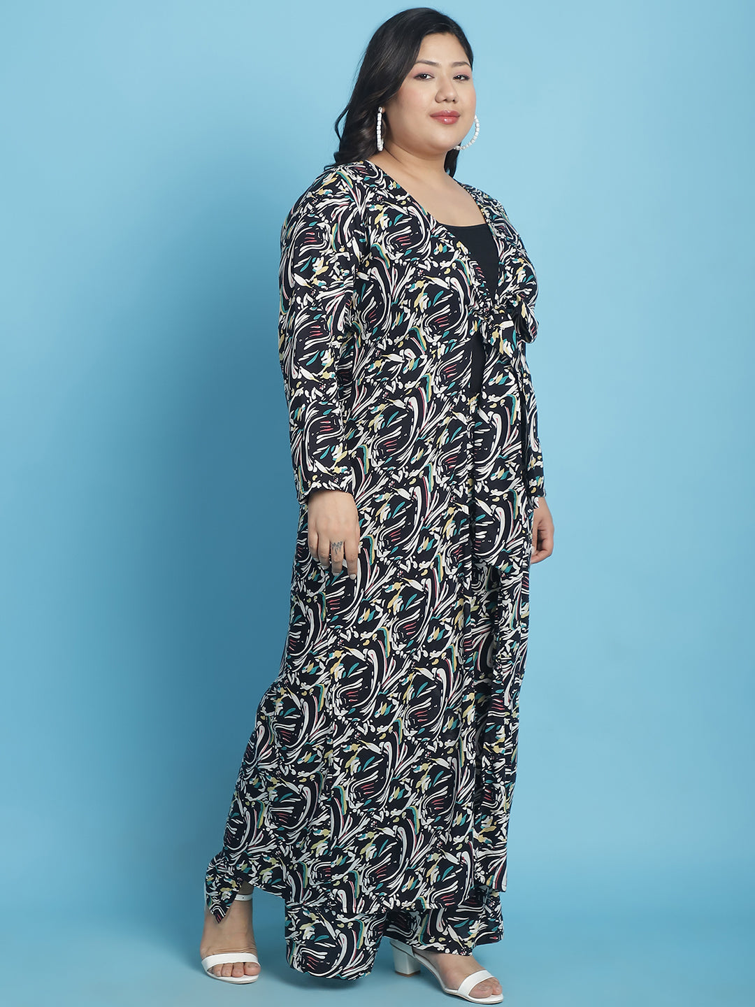 theRebelinme Plus Size Abstract Printed Longline Tie-Up Shrug