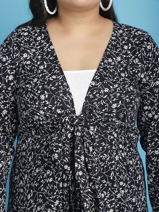 theRebelinme Plus Size Abstract Printed Longline Tie-Up Shrug