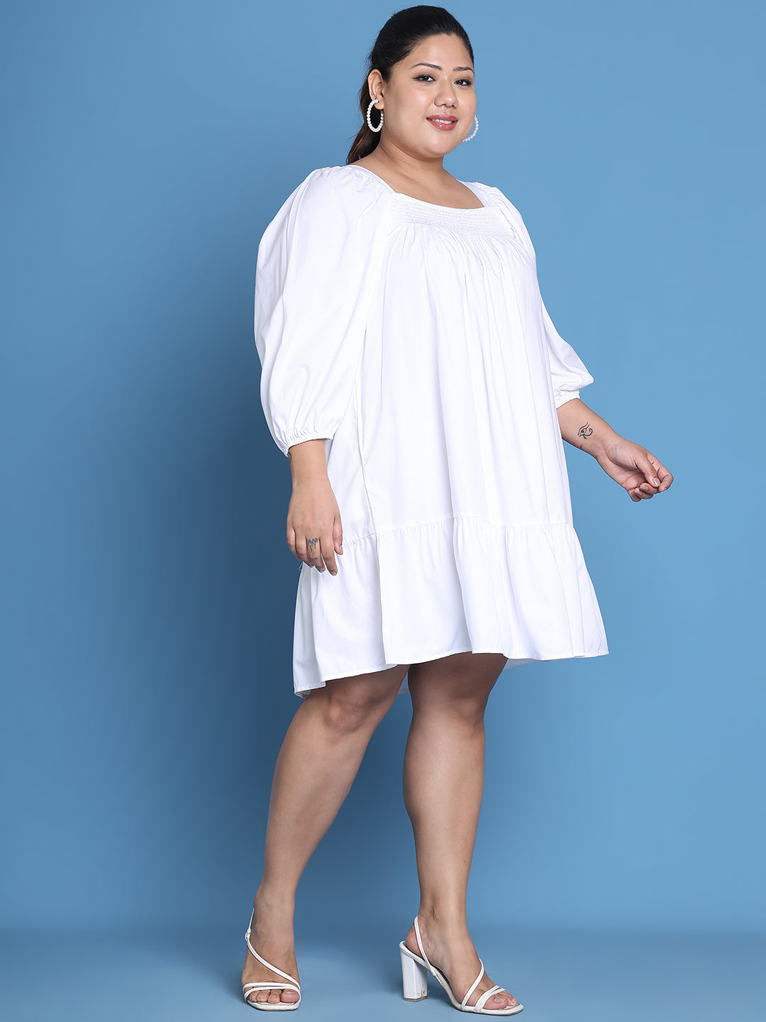 Women's Plus Size White solid color woven A-Line Dress