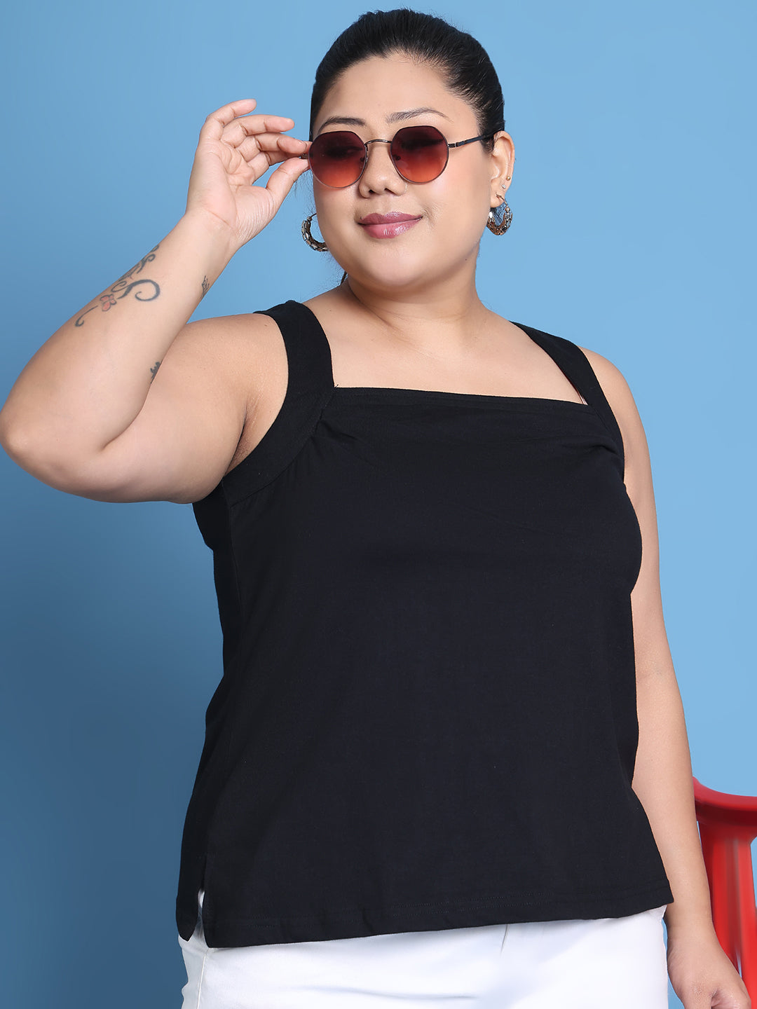 Women's Plus Size Black solid color cotton knitted Top