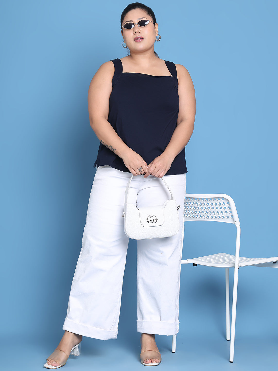 Women's Plus Size Navy Blue solid color cotton knitted Top